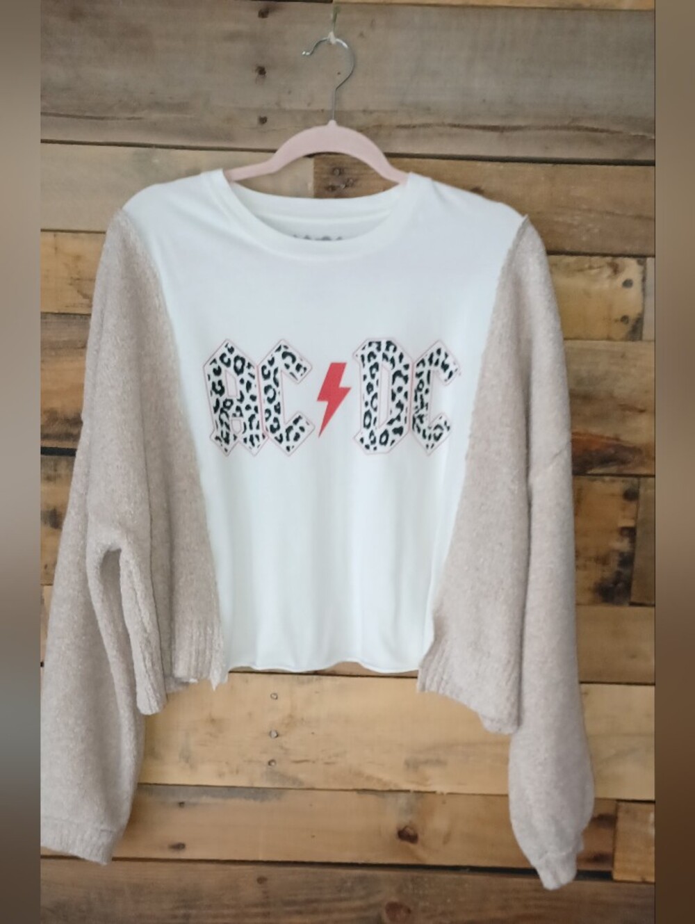 Upcycled AC/DC Graphic Crop Top Sweater - White Body with Cream Sleeves